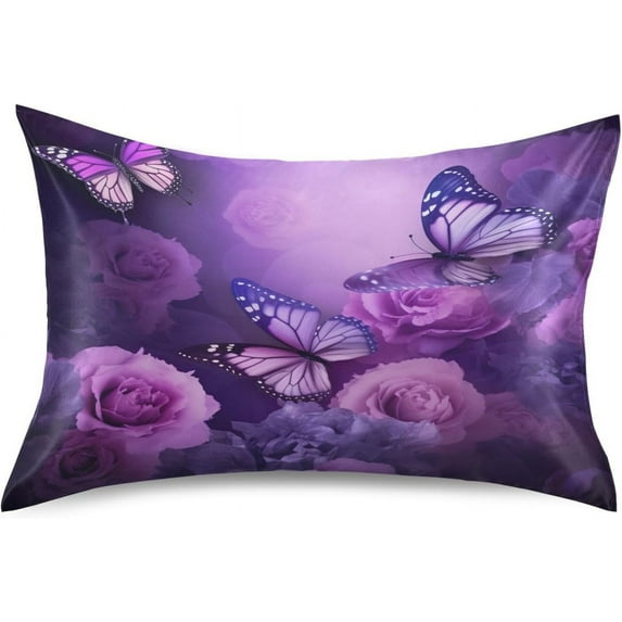Coolnut Purple Flowers and Butterflies Satin Pillowcase for Hair and Skin Silk Pillowcase Soft Pillow Covers Smooth Cooling Pillowcase with Envelope Closure Size 20x26 In Home Decor Gifts