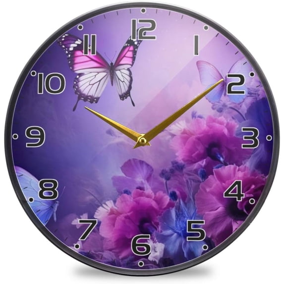 Coolnut Purple Flowers Butterflies Wall Clock Round Silent Non Ticking Battery Operated Accurate Arabic Numerals Design Clocks for Home Kitchen Living Room Bedroom 9.5inch Home Decor