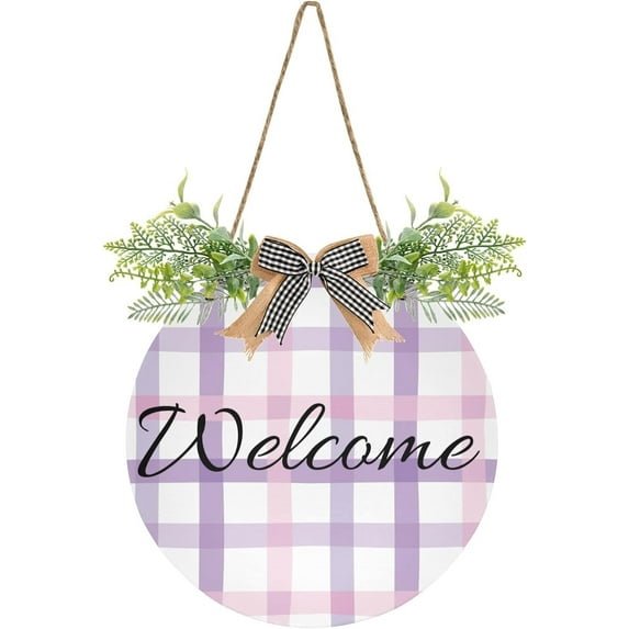 Coolnut Purple Pink Plaid Welcome Sign for Front Door, Round Sign Hanging Welcome Sign Welcome Wreath for Farmhouse Porch Door Home Decor