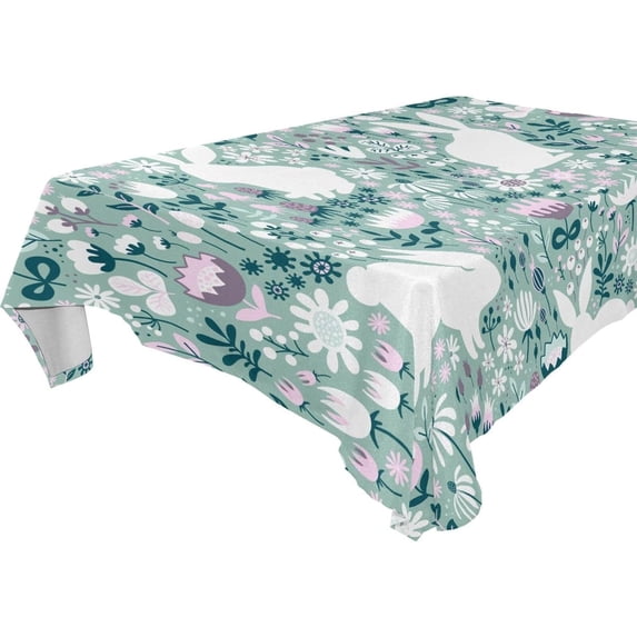 Coolnut Rabbits and Wildflowers Fabric Rectangle Tablecloth - Waterproof and Wrinkle-Resistant Table Cloth 54x72 Inch Table Cover for Indoor & Outdoor Dining House Decor