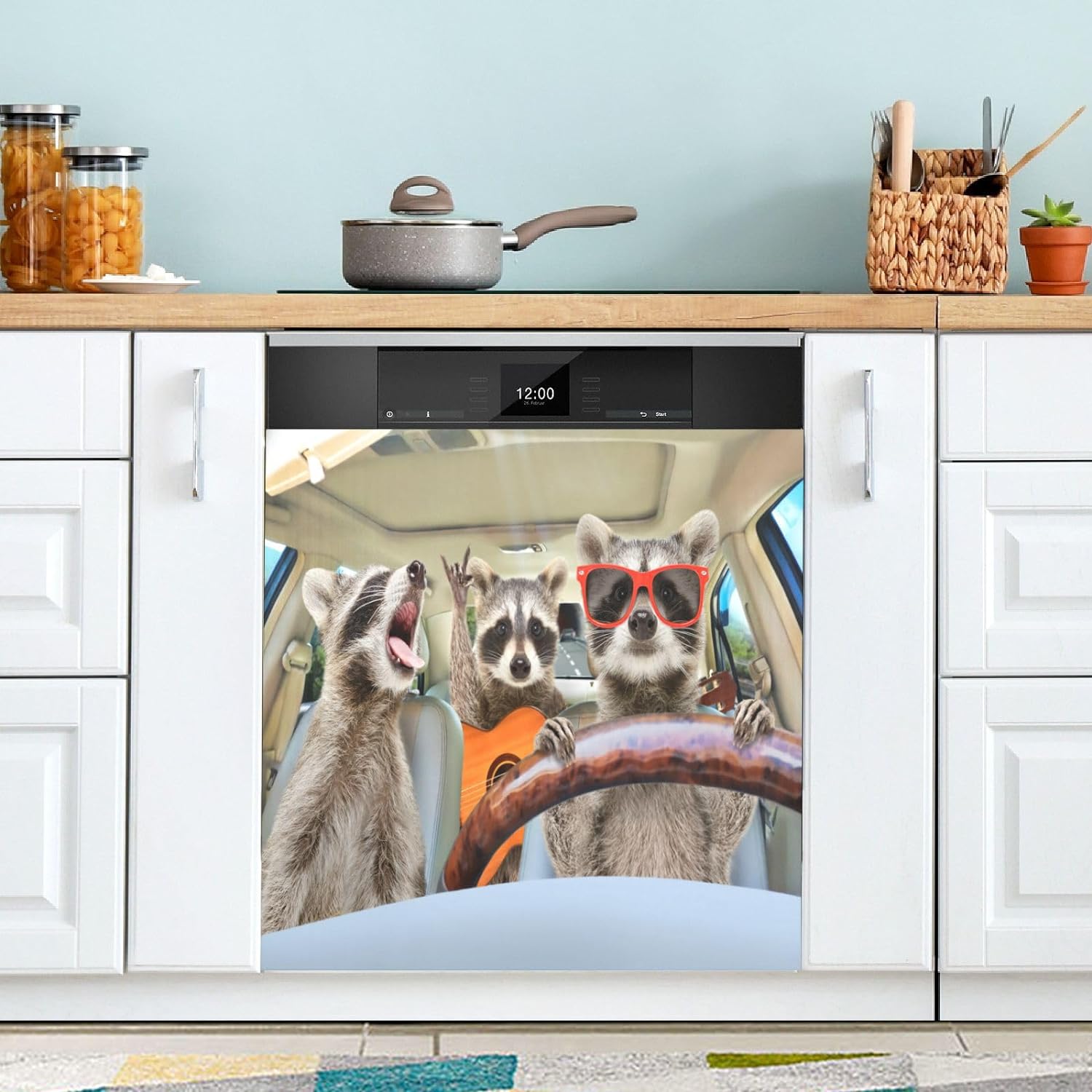 Coolnut Raccoon Driving Dishwasher Cover Home Decor Refrigerator Cover Trimmable