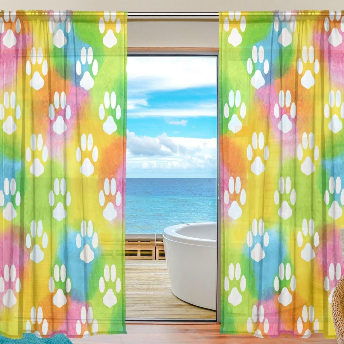Coolnut Rainbow Dog Paws Sheer Gauze Door Curtain Window Curtain Drapes