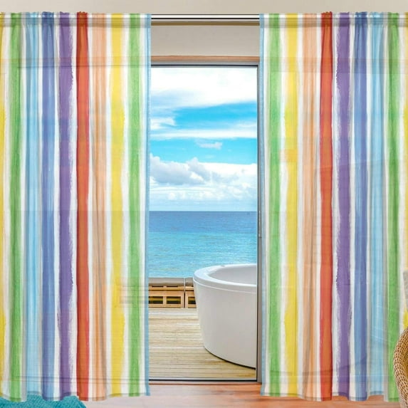 Coolnut Rainbow Stripes Semi Sheer Curtains Window Voile Drapes Panels Treatment-55x84in for Living Room Bedroom Kids Room, 2 Pieces