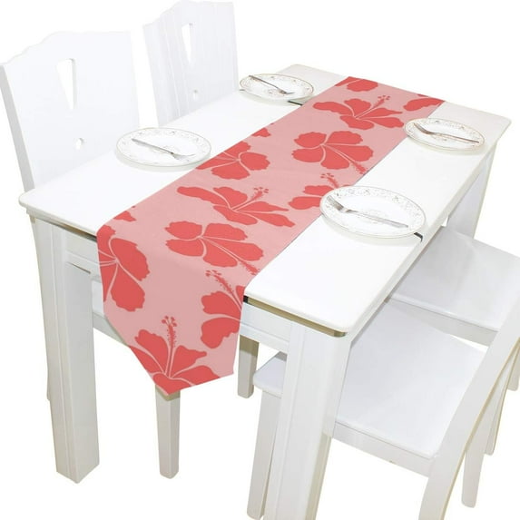 Coolnut Rectangle Cloth Table Runner, Hibiscus in Neutral and Pink Colors Table Cover 13"x70"for Wedding Birthday Holiday