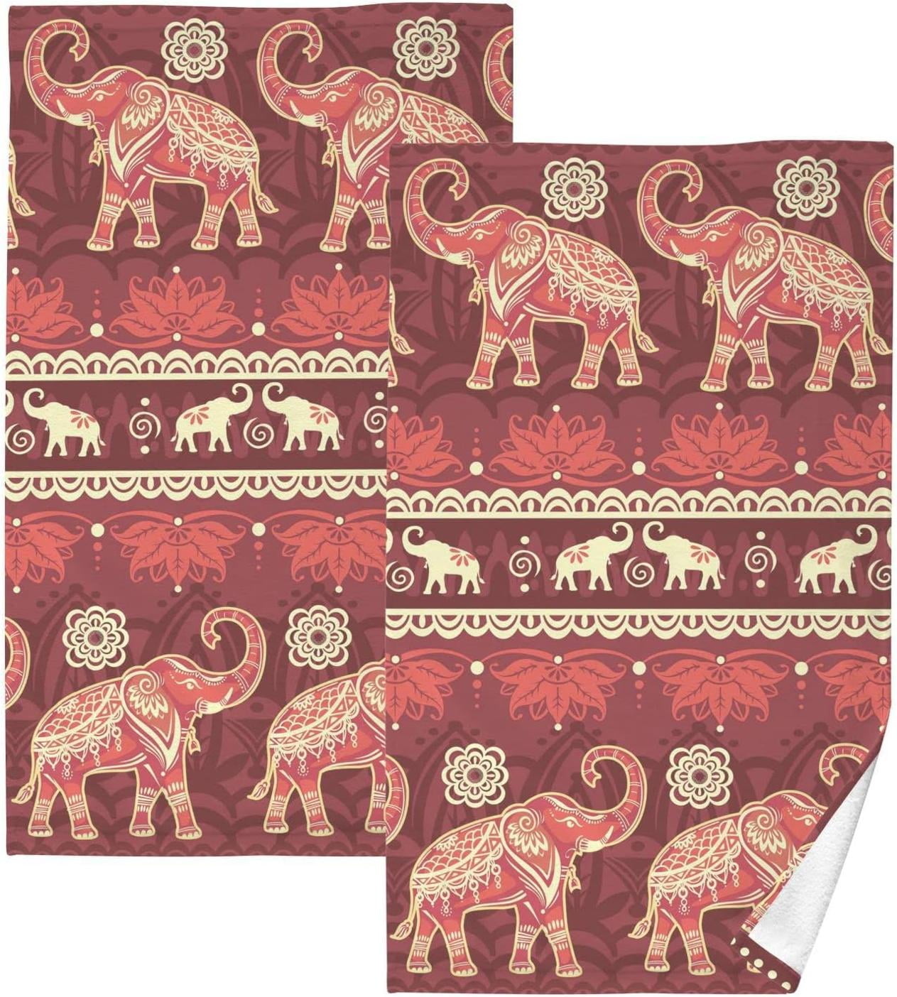 Coolnut Red Tribal Elephant Patterned Hand Towels 2 PCS, Cotton Bath