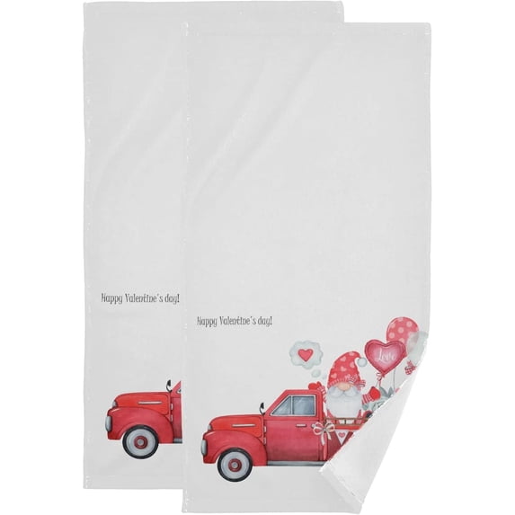 Coolnut Red Truck Gnome Valentine's Day Bath Hand Towels 2 PCS, Ultra Soft and Highly Absorbent, Heart Balloon Cute Decorative Fingertip Face Towel for Home, Bathroom, Kitchen, 28.3"x14.4"