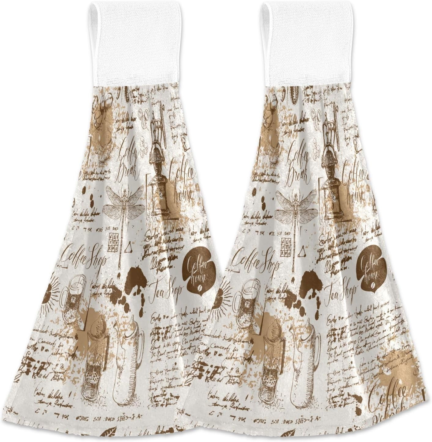 Coolnut Retro Coffee Theme Hanging Tie Towels Set of 2, Soft Absorbent