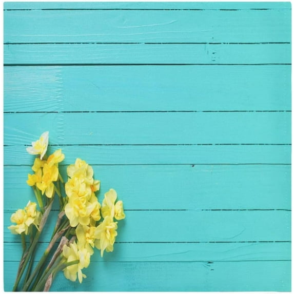 Coolnut Reusable Satin Table Napkins, 20x20InX1 PCSYellow Narcissus Daffodil Flowers on Auamarine Teal Turquoise Green Wooden Background, Family Dinner Wedding Banquet, Washcloth Gift