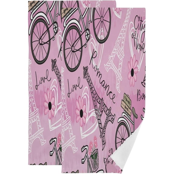 Coolnut Romantic Eiffel Towel Hand Towels 2 PCS, Valentine Bike Paris Kitchen Towel Ultra Soft and Highly Absorbent,Decorative Fingertip Face Towel for Bathroom Hotel, 28.3"x 14.4"
