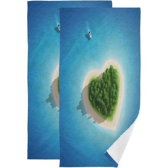 Coolnut Romantic Heart Island Hand Towels for Bathroom, Blue Sea Kitchen Towel 2 PCS Ultra Soft and Highly Absorbent Decorative Fingertip Face Bath Towels for Spa & Hotel, 28.3"x 14.4"