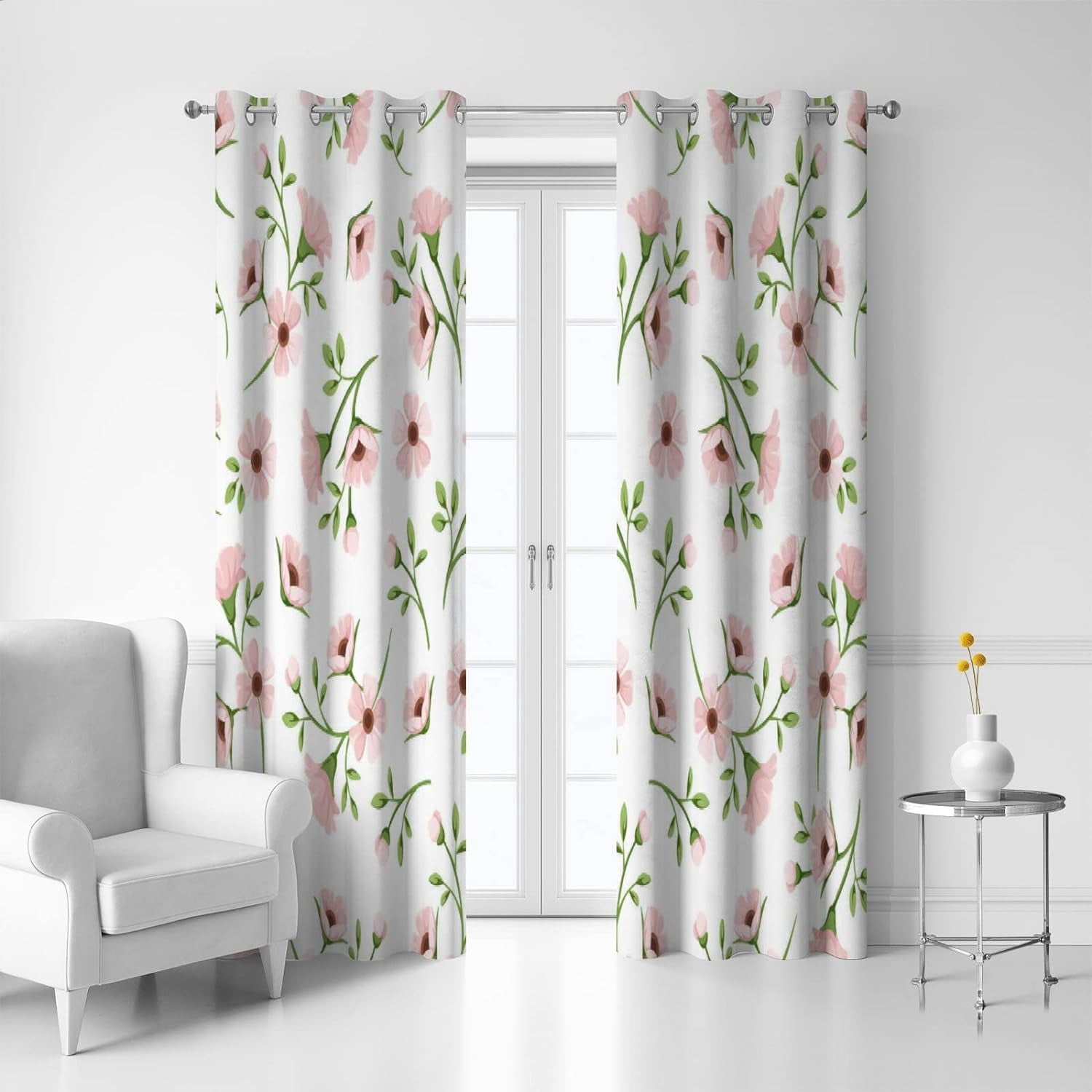 Blush Pink & Gray Floral Vines Curtain Panels – Set Of 2, 84x52 In, Room Darkening