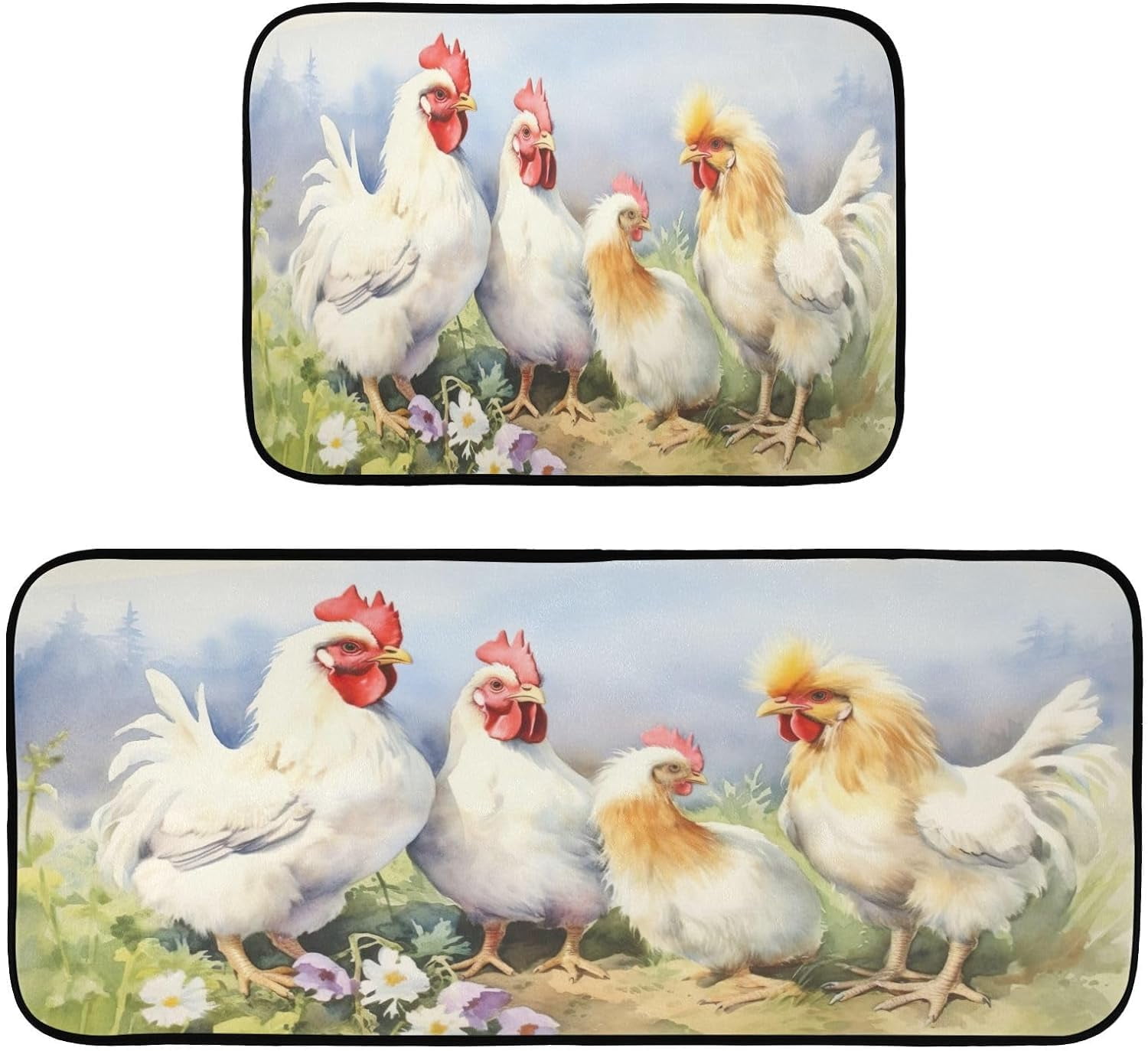 Coolnut Rooster Flower Kitchen Rug Set of 2 Non Slip Washable Cushioned