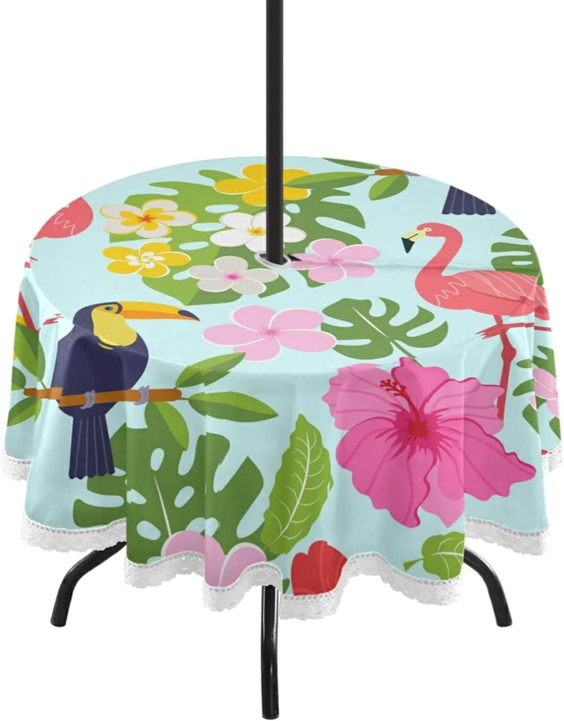 Coolnut Round Tablecloth 60In,Tropical Leaves and Flowers Waterproof