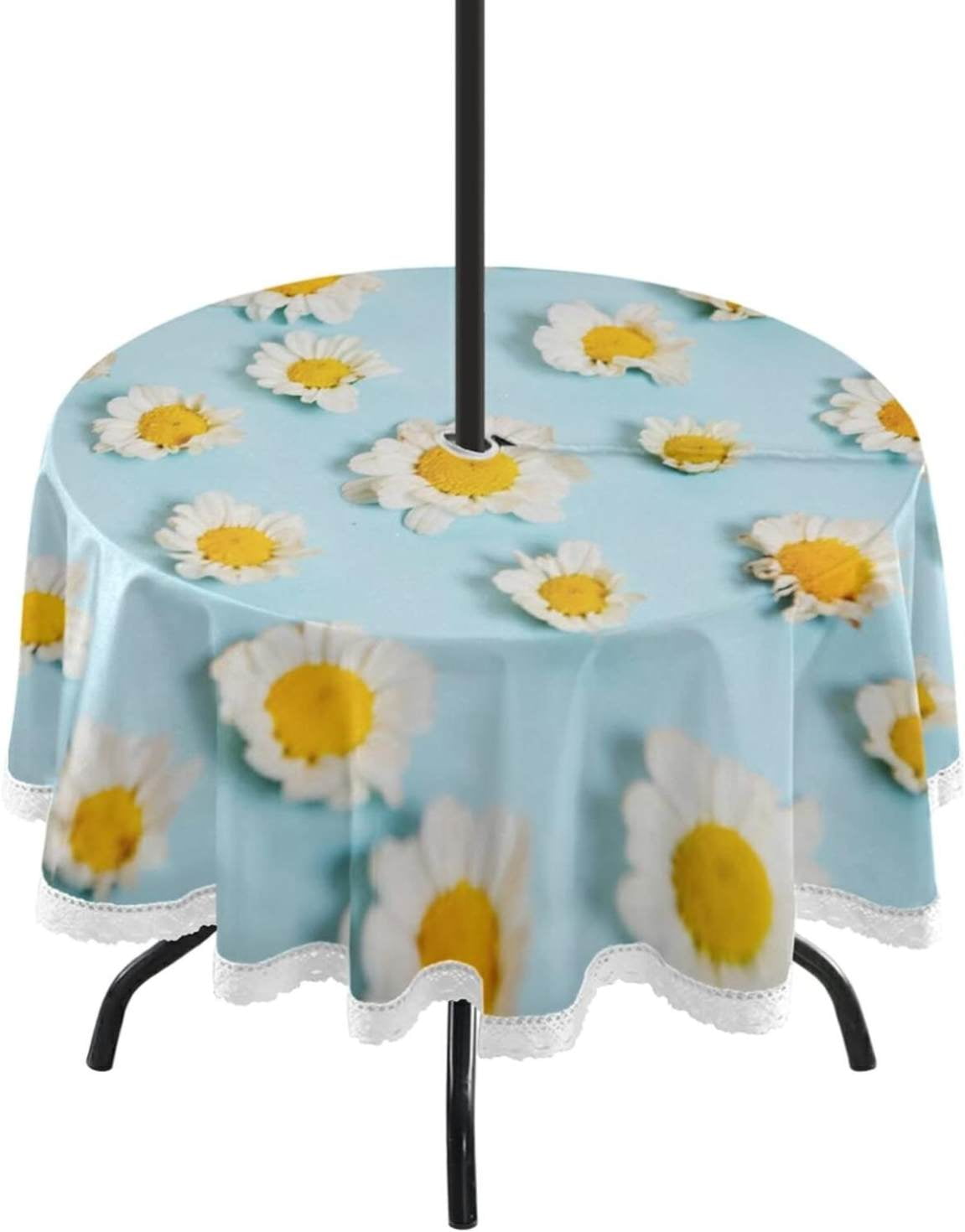 Coolnut Round Tablecloth 60In,White Daisy Flower Waterproof Table Cover