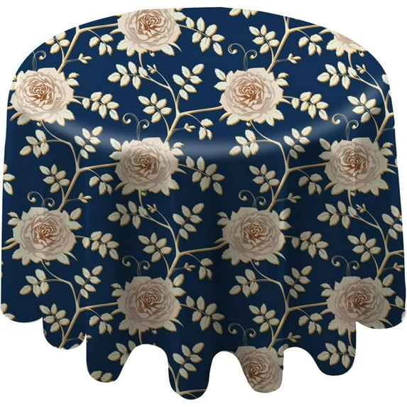 Coolnut Round Tablecloth Flora Roses On Dark Blue Modern Table Cover for Home Decoration Washable Table Cloth for Dinner Picnic 60in