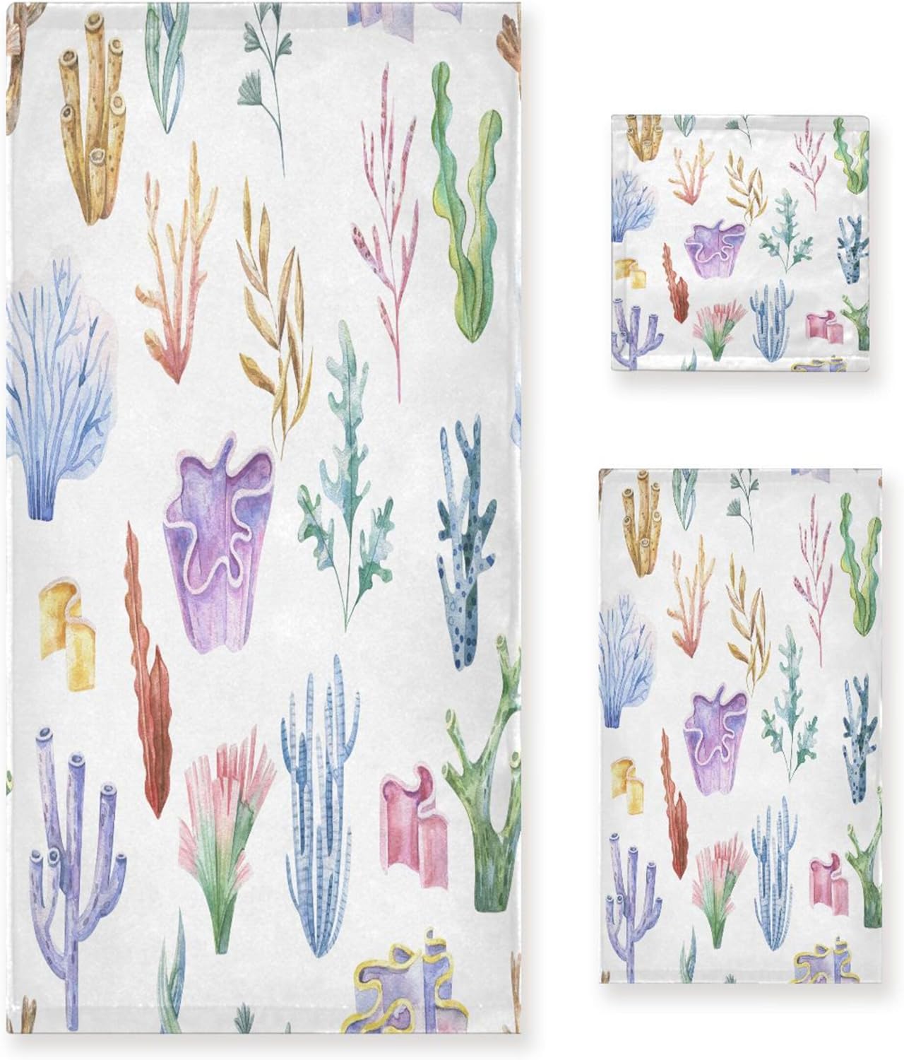 Coolnut Sea Creatures Bathroom Towel Set of 3 with Hand Towel, Wash