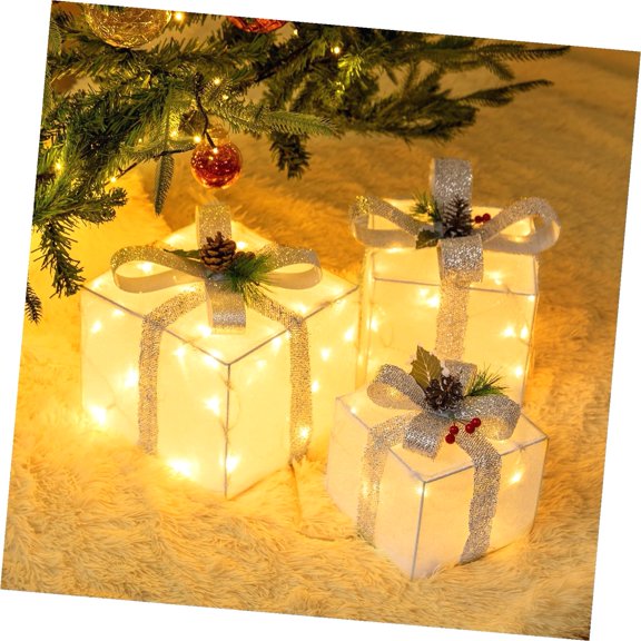 Coolnut Set of 3 Plug-in Christmas Lighted Boxes, Pre-lit 60 Decorations, Indoor Outside Porch Yard Christmas Tree Lighted Display, Silver Bow