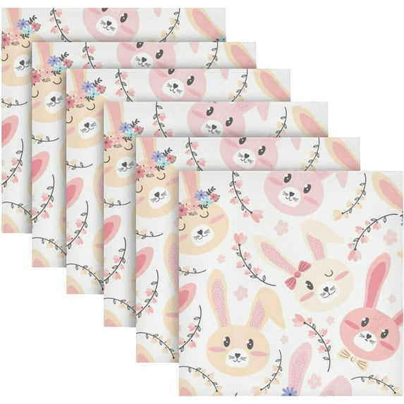 Coolnut Set of 6 Cute Bunnies with Flowers Napkins Cloth Napkins 20"x20", Washable Polyester Dinner Napkins for Parties, Wedding, Restaurant
