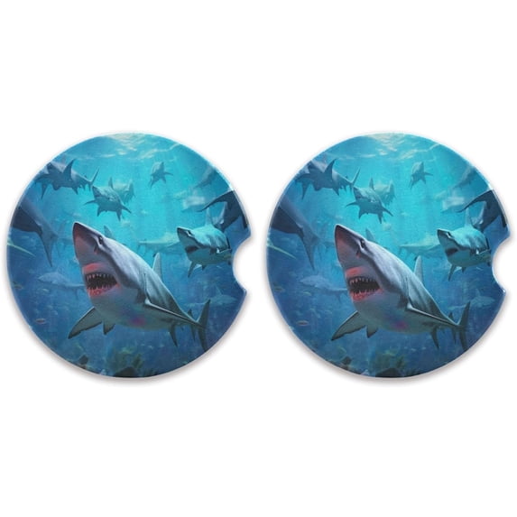 Coolnut Sharks Pattern Car Coasters 2 Pack Drinks Absorbent Ceramic Stone Car Coasters with Fingertip Grip Car Cup Holder Coasters Home Decor Gifts