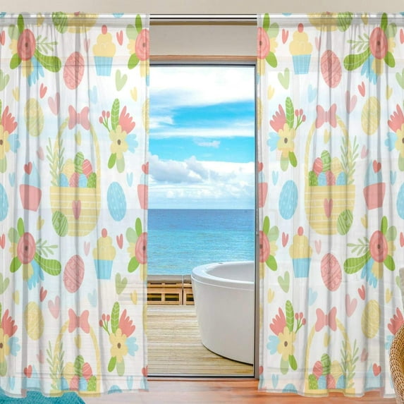 Coolnut Sheer Curtains Flowers and Eggs for Easter Gauze Door and Window Voile Curtain Panels for Bedroom Living Room W55 x L84 In 2
