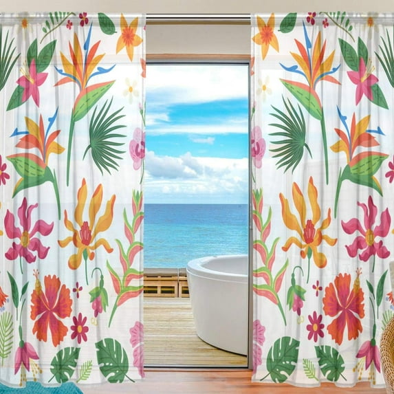 Coolnut Sheer Curtains Tropical Flowers Gauze Door and Window Voile Curtain Panels for Bedroom Living Room W55 x L84 In 2