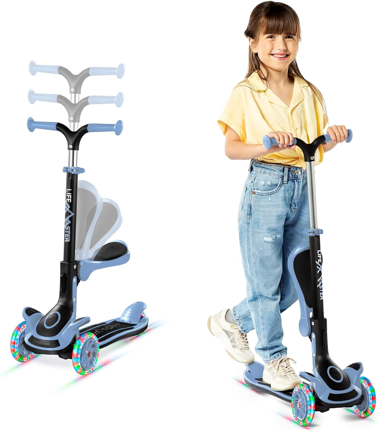 Lifemaster 3 Wheel Kids Scooter with Foldable Seat, Adjustable Handlebar, Lean-to-Steer LED Light-Up Wheels, Wide Anti-Slip Deck for Ages 2+