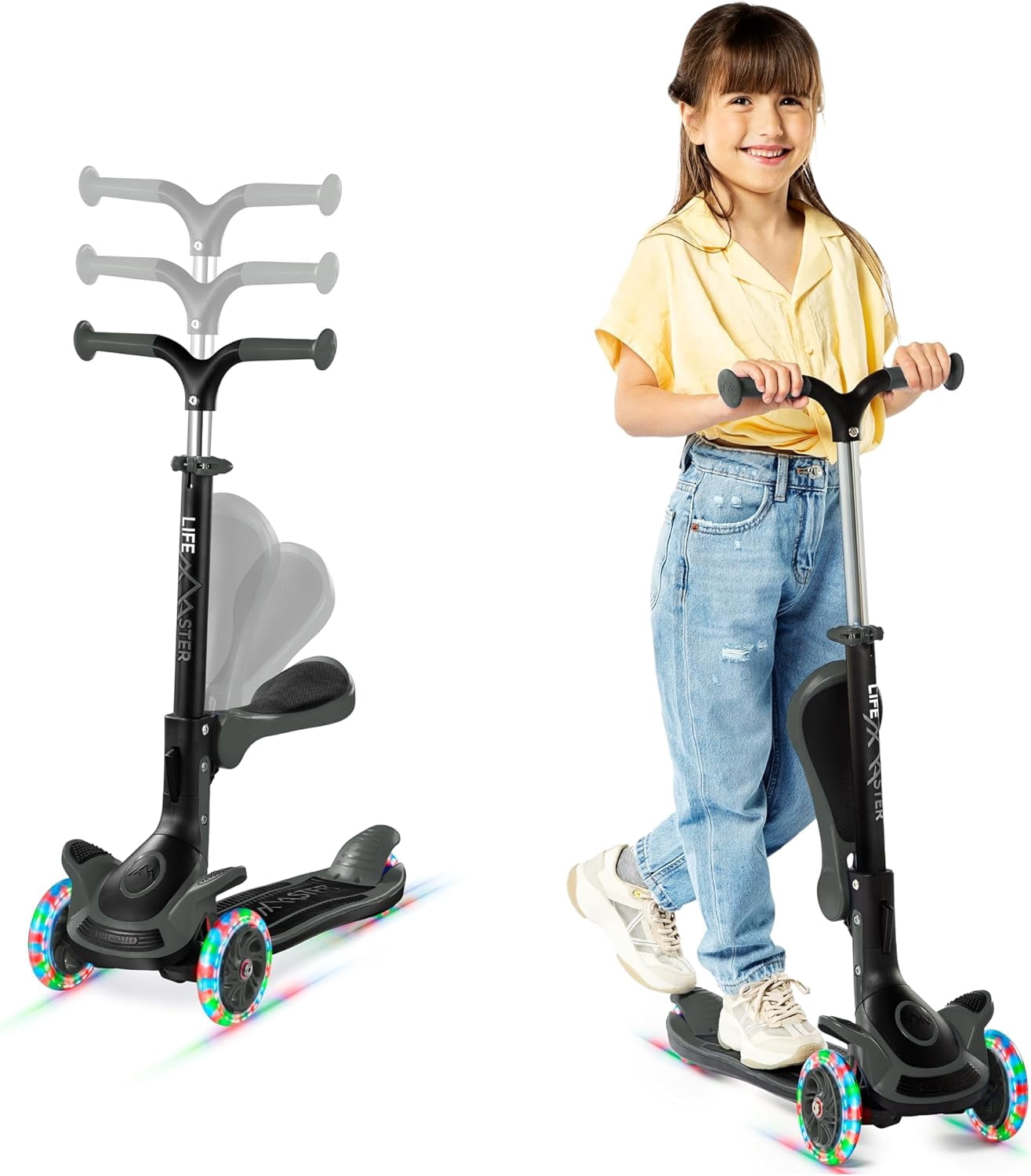 Lifemaster 3 Wheel Kids Scooter with Foldable Seat, Adjustable Handlebar, Lean-to-Steer LED Light-Up Wheels, Wide Anti-Slip Deck for Ages 2+