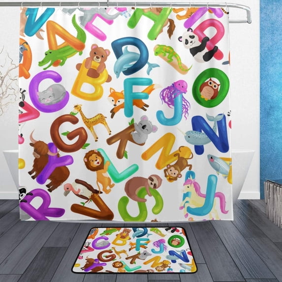 Coolnut Shower Curtain and Rug Set Animals Alphabet Set Polyester Waterproof Bath Curtain and Mat with Hooks 72" x 72"