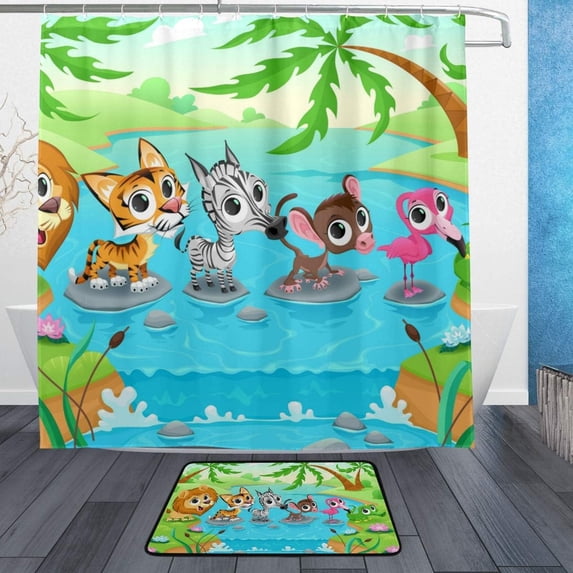 Coolnut Shower Curtain and Rug Set Animals Crossing The River Polyester Waterproof Bath Curtain and Mat with Hooks 72" x 72"