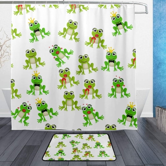 Coolnut Shower Curtain and Rug Set, Colorful Cute Frogs Polyester Waterproof Bath Curtain and Mat for Bathroom with Hooks, 72" x 72"