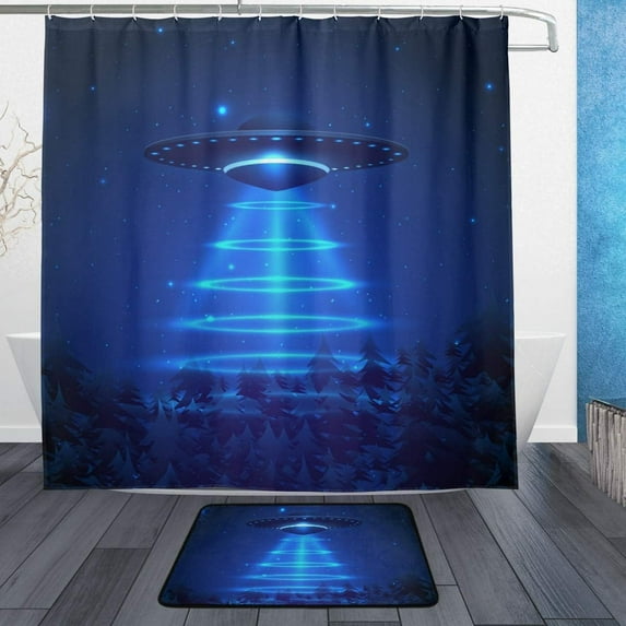 Coolnut Shower Curtain and Rug Set Flying Object On Dark Polyester Waterproof Bath Curtain and Mat with Hooks 72" x 72"
