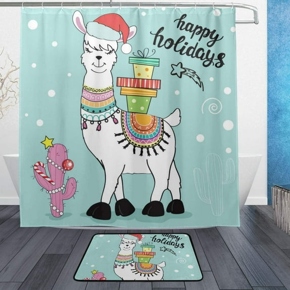 Coolnut Shower Curtain and Rug Set Funny Christmas Llama with Present Polyester Waterproof Bath Curtain and Mat with Hooks 72" x 72"