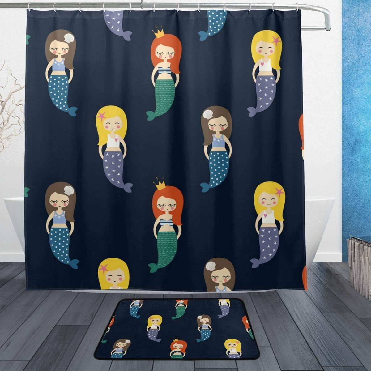 Coolnut Shower Curtain and Rug Set Mermaids Girls On Black Polyester