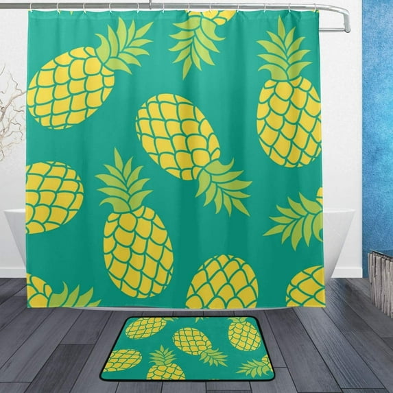 Coolnut Shower Curtain and Rug Set, Pineapples On Green Background Polyester Waterproof Bath Curtain and Mat for Bathroom with Hooks, 72" x 72"