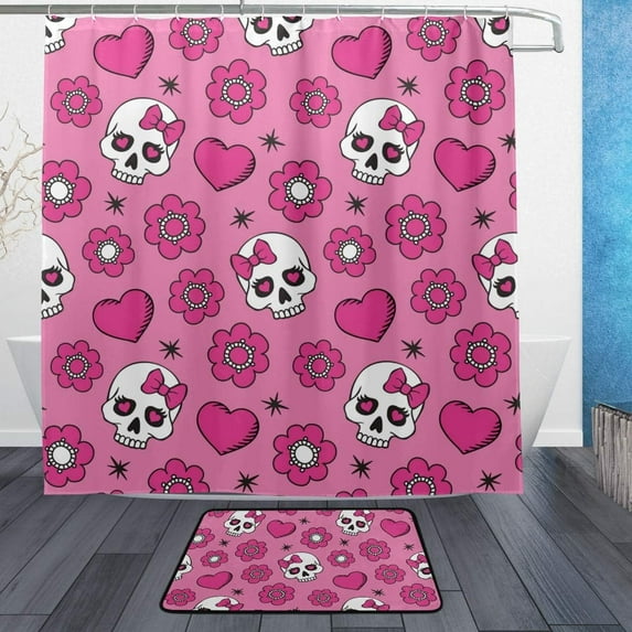 Coolnut Shower Curtain and Rug Set Pink Skulls Polyester Waterproof Bath Curtain and Mat with Hooks 72" x 72"