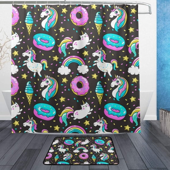 Coolnut Shower Curtain and Rug Set Unicorns Doughnut Polyester Waterproof Bath Curtain and Mat with Hooks 72" x 72"