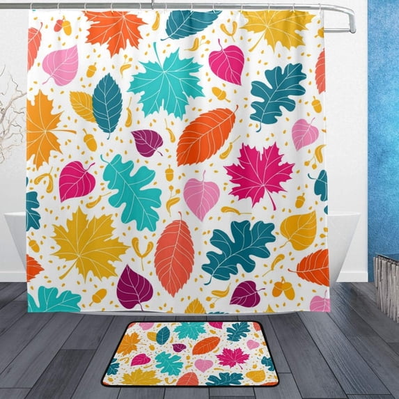 Coolnut Shower Curtain and Rug Set, Vibrant Leaves Polyester Waterproof Bath Curtain and Mat for Bathroom with Hooks, 72" x 72"