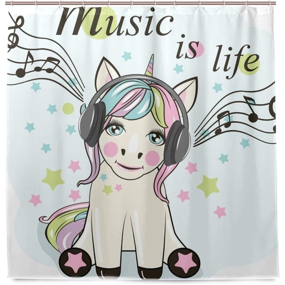 Coolnut Shower Curtains Unicorn Listening Music Polyester Waterproof Bath Curtain for Bathroom Kids 72" x 72"
