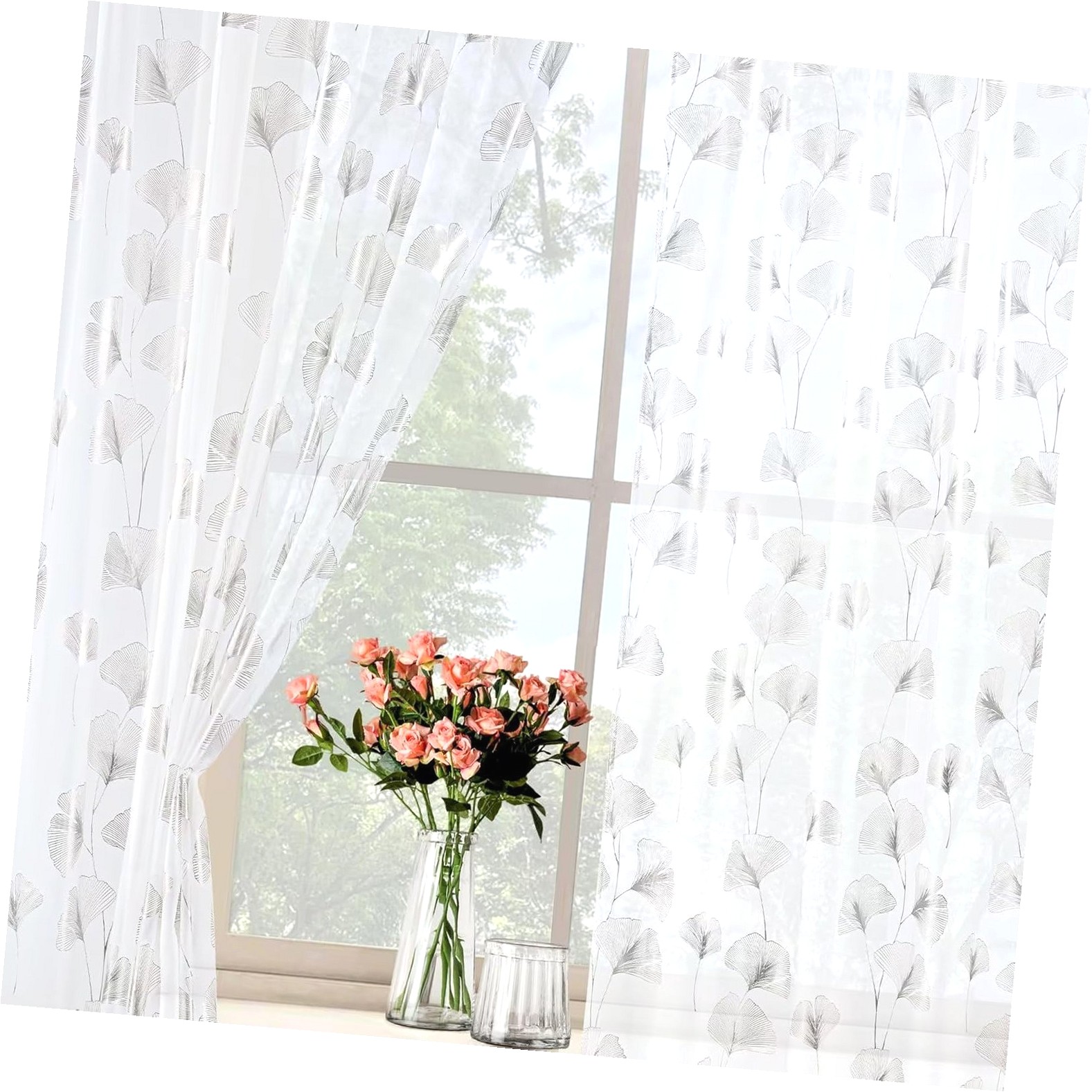 Rod Ginkgo Coolnut Silver Foil Print Sheer Curtains 96 inches Long, 2 Panels ...