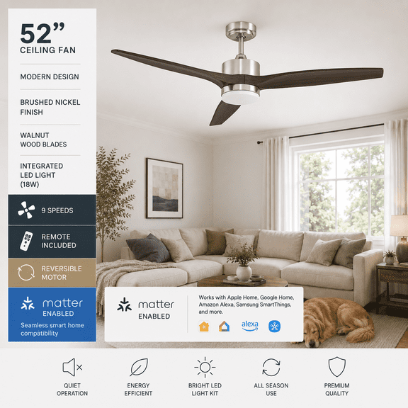 ENLIGHT 52" Smart Ceiling Fan with Light, 9-Speed Durable DC Motor, Matter Smart Home Integration, 3 CCT and Dimmable LED, 3 Blades, Indoor Rated