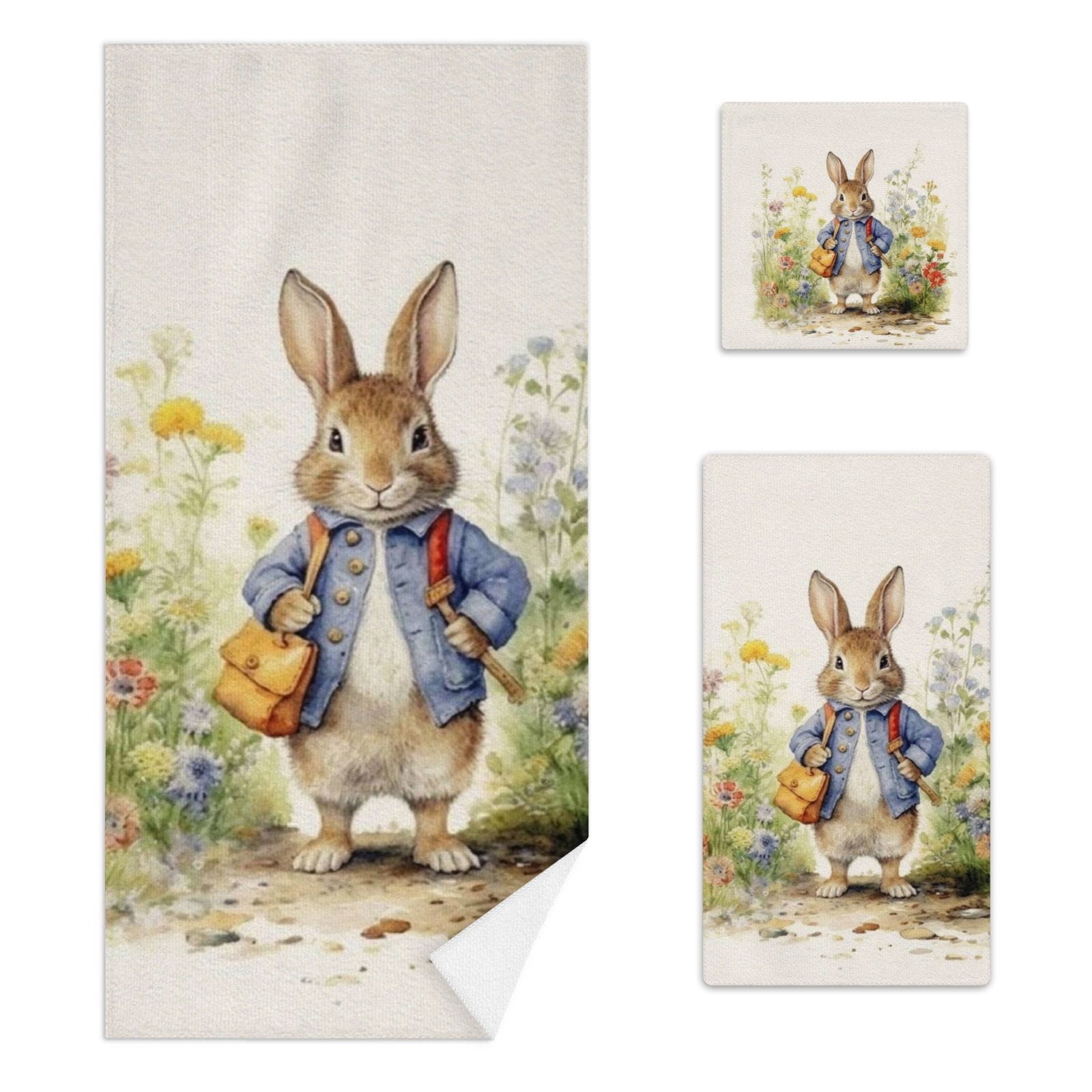 Coolnut Soft Bathroom Towel Set of 3, Watercolor Vintage Bunny Drawi ...