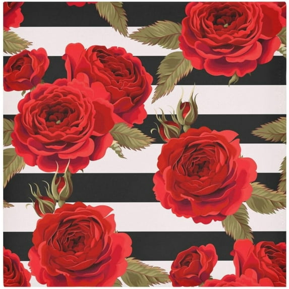 Coolnut Soft Reusable Satin Table Napkins, 20x20InX1 PCSBeautiful Red Roses Flower Black and White Stripes, Family Dinner Wedding Banquet, Cocktail Party, Kitchen, Birthday Party Washcloth Gift