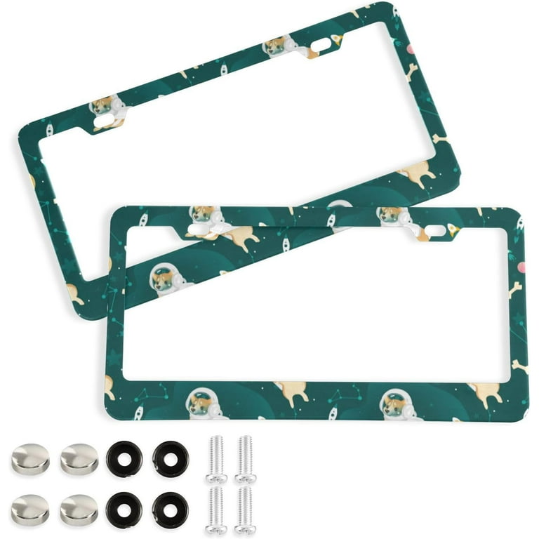 Coolnut Space Corgi Dog Print Animal Astronaut License Plate Frames for Women Men 2 Pcs Personalized Car License Plate Holder with Screw Caps