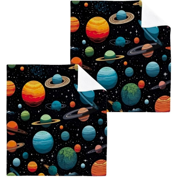 Coolnut Space Planets Washcloths 4 Pack, Highly Absorbent Soft Cotton Fingertip Towels for Bathroom, Kitchen, Gym, Spa, Home Decor, 12 x 12 Inch Washcloth Gift