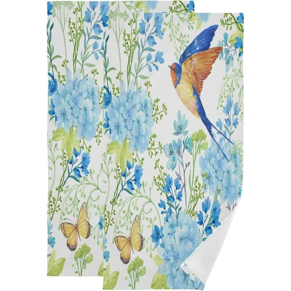 Coolnut Spring Blue Flowers Birds Hand Towels 2 PCS, Floral Butterfly Kitchen Towel Ultra Soft and Highly Absorbent,Decorative Fingertip Face Towel for Bathroom Hotel, 28.3"x 14.4"