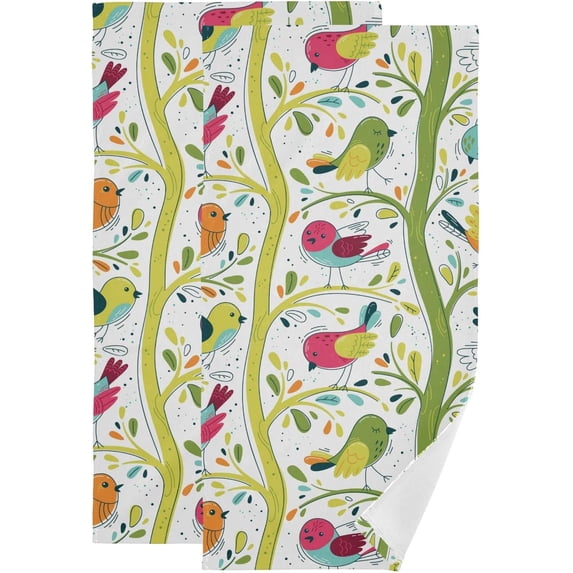 Coolnut Spring Cartoon Birds Hand Towels 2 PCS, Colorful Leaf Branch Kitchen Towel Ultra Soft and Highly Absorbent,Decorative Fingertip Face Towel for Bathroom Hotel, 28.3"x14.4"