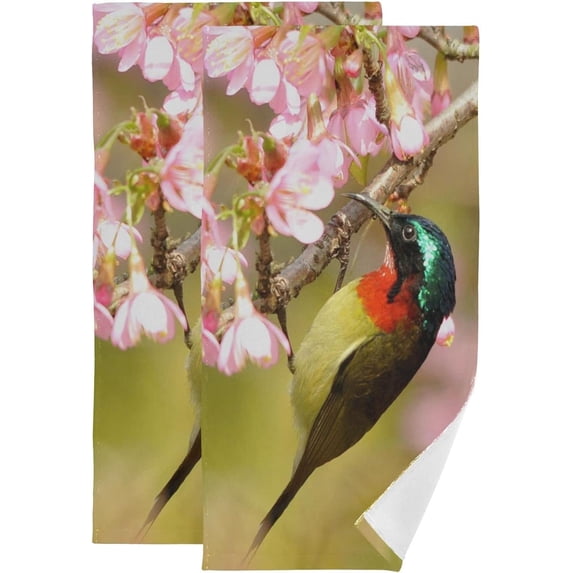 Coolnut Spring Hummingbird Flower Hand Towels 2 PCS, Pink Peach Blossom Kitchen Towel Ultra Soft and Highly Absorbent,Decorative Fingertip Face Towel for Bathroom Hotel, 28.3"x14.4"