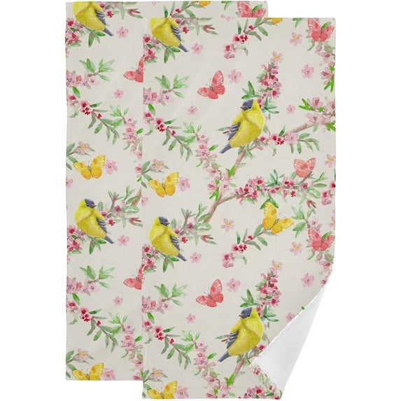 Coolnut Spring Yellow Birds Flower Hand Towels 2 PCS, Pink Floral Branch Kitchen Towel Ultra Soft and Highly Absorbent,Decorative Fingertip Face Towel for Bathroom Hotel, 28.3"x 14.4"