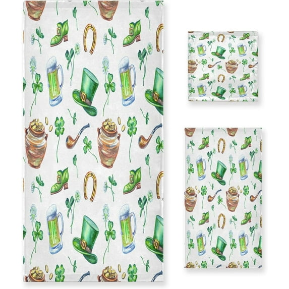 Coolnut St. Patrick Clover Towel Set of 3 with Bath Towel, Hand Towel and Wash Cloth, Soft, Quick Drying and Comfortable Towels for Bathroom Kitchen Home Travel Hotel Gym Washcloth Gift