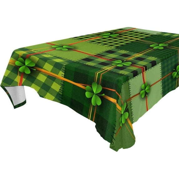 Coolnut St. Patrick's Day Rectangle Tablecloth Vintage Green Plaid Shamrock Clover Leaves Polyester Washable Square Table Cover for Kitchen Dinning Tabletop Decoration, 60"x90"
